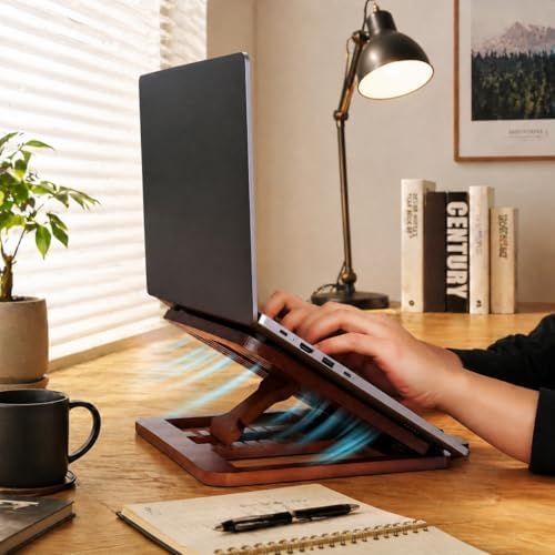 Bamboo Foldable Laptop Stand Holder, 6-Level Adjustable Ergonomic Notebook Riser with Heat Dissipation for 10-17 Inch Laptops, MacBook, Tablet (Dark Brown)