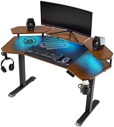 EUREKA ERGONOMIC Aero 55 Inch W Shaped Electric Standing Desk, Height Adjustable Computer Gaming Desk with LED Monitor Shelf, Mouse Pad, Headphone Hook, Cup Holder, Dark Walnut