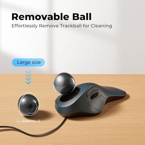 Wired Ergonomic Trackball Mouse for Large Hands, 44mm Index Finger Control
