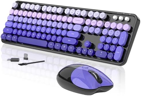 Wireless Keyboard and Mouse, 104 Round Keycaps Retro Typewriter Purple