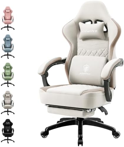 Dowinx Gaming Chair Breathable Fabric Game Chair with Gel Pad and Storage Bag, Comfortable Gamer Chair with Pocket Spring Cushion,Ergonomic Computer Chair with Footrest,Beige