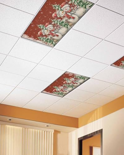 Red Christmas Magnetic Fluorescent Light Covers for Ceiling Lights 2 x 4 Feet,Snowman Snowflakes Green Pine Tree Retro Office Classroom Kitchen Drop Ceiling Light Covers Filters Shade Panel 1 Pack