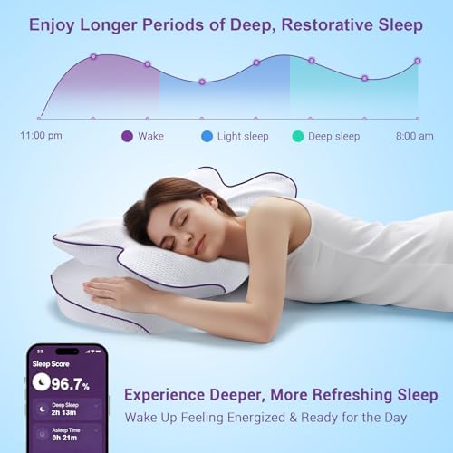 AZBESTPRO Memory Foam Cervical Pillow for Neck Support & Pain Relief, Butterfly Ergonomic Design – 24×15.75×5.7 Inches, Removable 100% Polyester Pillowcase, Suitable for Side & Back Sleepers (Purple)
