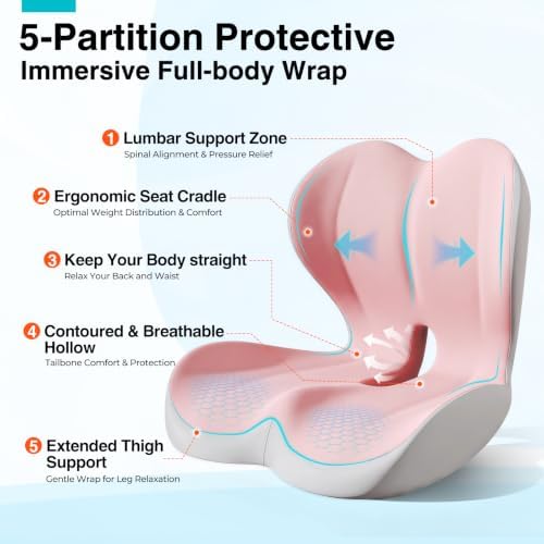 Seat Cushion for Office Chair and Car, L-Shaped Memory Foam Seat Cushions, Ergonomic Sciatica & Tailbone Pain Relief Cushion with Non-Slip Breathable Cover, Back Support for Office Chair-Pink Gray