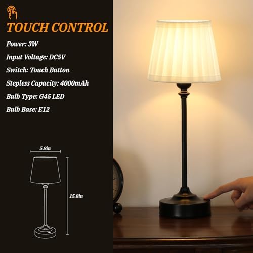 Cordless Table Lamps Rechargeable Set - 2 Pack Black 4000mAH Battery Operated Lamps for Decor, 3000K Stepless Dimming Touch Control Wireless Lamps for Bedroom, Dining Table, Living Room, White Shade