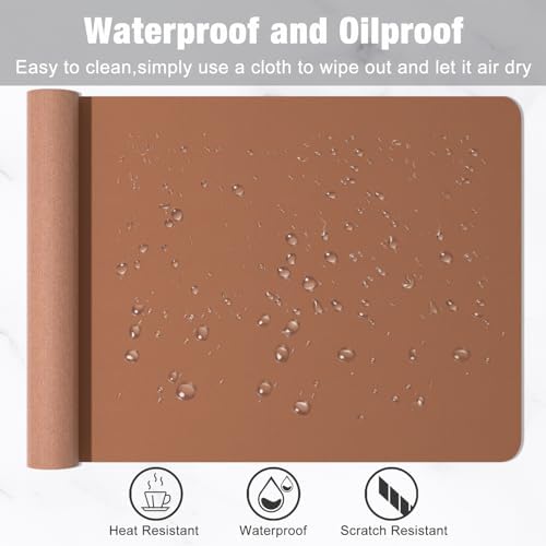 Hsurbtra Desk Pad, 35.5" x 17" PU Leather Desk Mat, XXL Extended Mouse Pad, Waterproof Desktop Blotter Protector, Non-Slip Ultra Thin Large Laptop Keyboard Writing Mat for Office Home, Dark Apricot