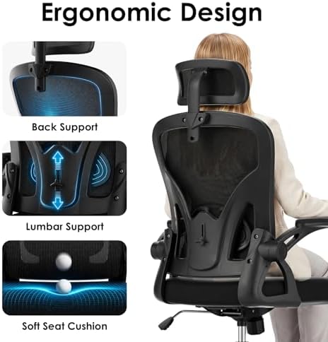 Farini Ergonomic Office Chair, Home Office Desk Chair with Headrest, High Back Swivel Computer Chair with Armrests and Adjustable Lumbar Support for Home Office Study Room, Black & Dark Black