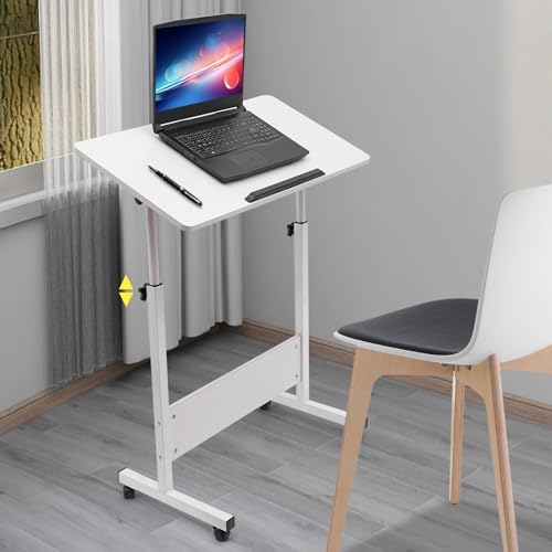 Adjustable Height Standing Desk 32-47", 24"Writable Tempered Glass Desktop with Eraser, Lockable Wheels & Storage Bag, Portable Mobile Sit Stand Laptop Desk for Small Spaces Home Office White