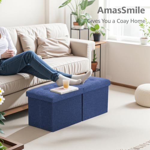 AmasSmile Footrest Ottoman Storage Bench, 34" Linen Folding Chest, Blue