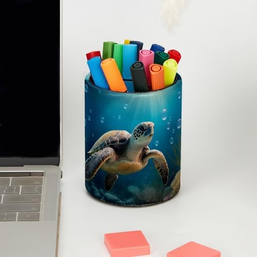 Turtle Ocean Pen Holder Pencil Organizer Cute Pencil Cup Desk Decor Makeup Brush Holder PU Multifunctional Office Supplies for Home Classroom School