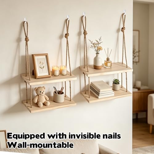 2Pcs Cubicle Shelf for Walls, Office Cubicle Accessories for Work, 11.8" 2 Tier Wooden Hanging Wall Shelf with Hooks & Cotton Rope Boho Style Decor Desk Wall Organizer Storage for Office Home