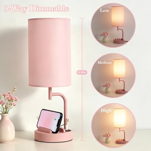 Dreamholder Touch Control USB Table Lamp with USB C/A & AC Outlet, 3-Way Dimmable Bedside Lamp, Modern Nightstand Lamps for Bedroom Living Room Guest Room Office, Bulb Included, Pink