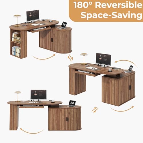 HSH L Shaped Office Corner Desk with Storage Cabinet Walnut 60 Inch