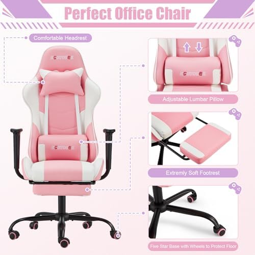 Pink Ergonomic High Back Massage Gaming Chair with Footrest