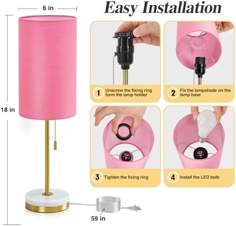 Luvkczc Minimalist Table Lamp Set of 2, Nightstand Lamp for Bedroom Living Room, Modern Pull Chain Bedside Lamp with Marble Base, Fabric Shade, Small Desk Lamp for Home, Office, Reading,Pink