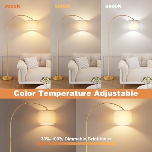 Ambimall Dimmable Arc Floor Lamp with Remote, Color Temp Adjustable, Gold