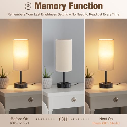 Beige Touch Bedside Lamp for Bedroom, Stepless Dimmable, USB A+C, AC Outlet