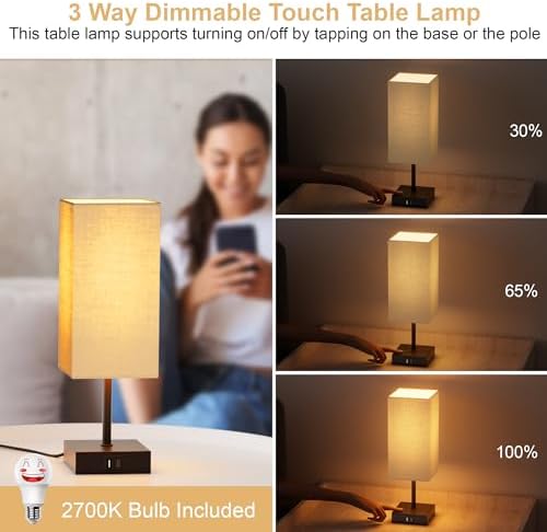 Bedside Table Lamp for Bedroom with 2 USB Ports, 14-Inch, Beige