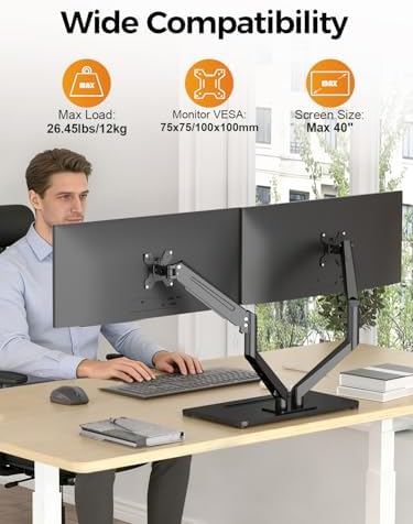 Bracwiser Dual Monitor Stand Free Standing Desk Mount, Premium Dual Monitor Arm Fits Two Screens up to 40 inch 26.45 lbs Fully Adjustable Arms with Heavy-Duty Wooden Base, Max VESA 100x100mm (MLXSPC)