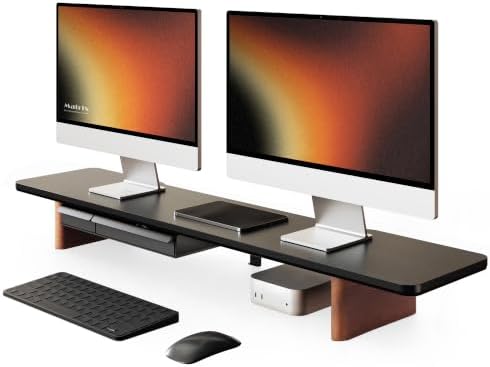 Fenge 42.5" Dual Monitor Stand with Storage Drawer & Solid Wood Legs, Black