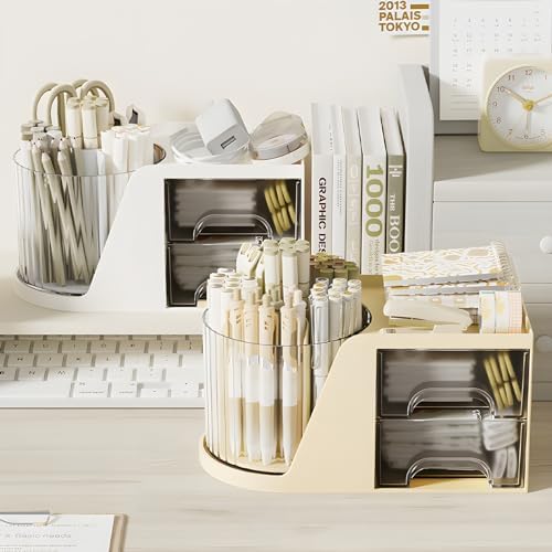Rotation Pen Holder for Desk Cute Pencil Cup Pot Desktop Organizer and Accessories for Girls Kids Makeup Brush Holder (Beige)