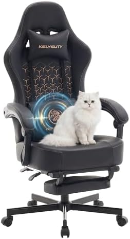Gaming Chair Breathable Leather with Pocket Spring Cushion, Wide and High Ergonomic Office Chair with Headrest, Computer Gaming Chair with Footrest for Adult and Teen (Black)
