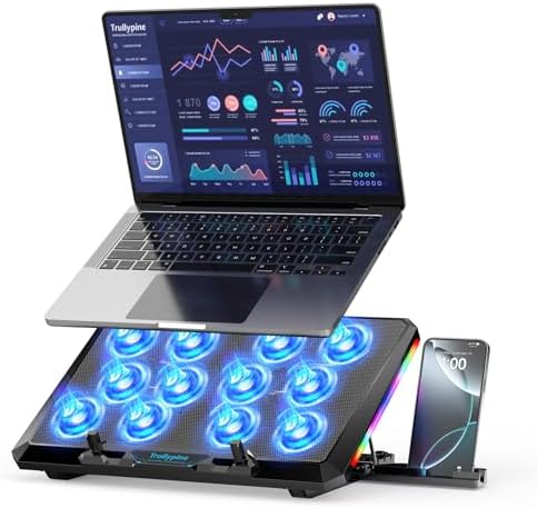 Laptop Cooling Pad with 12 Quiet Fans, Slim Portable for 12-17.3 Inch Laptop Cooler Stand with 5 Height Adjustable, Ergonomic Gaming Cooling Fan Pad with Two USB Ports & Phone Holder (Gear)