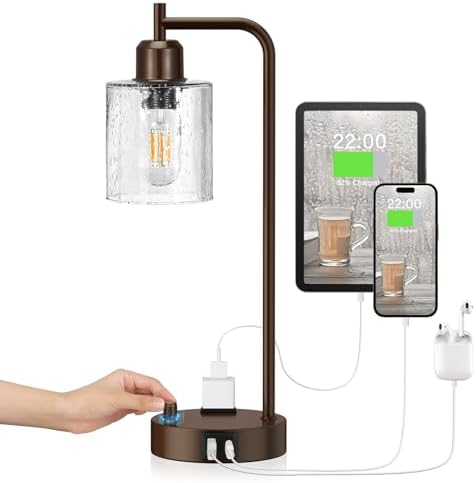 Innqoo Brown Industrial Bedside Table Lamp for Bedroom - Nightstand Lamps with USB C Charging Port, Fully Dimmable Black Ports and Outlets, Small Desk Glass Shade Office Living Room