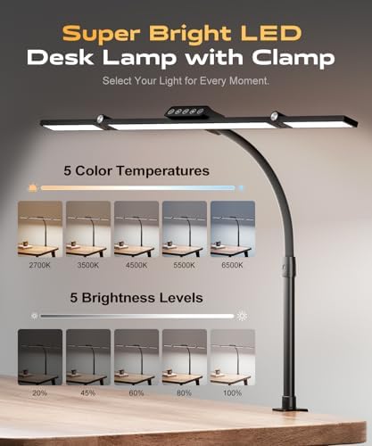 LED Desk Lamps for Home Office, Desk Light with Remote & Touch Control, Motion Sensor Auto On/Off,Stepless Dimming, 5CCT, Eye-Caring Desk Lamp with Clamp for Reading,Study,Dual Monitors,Black