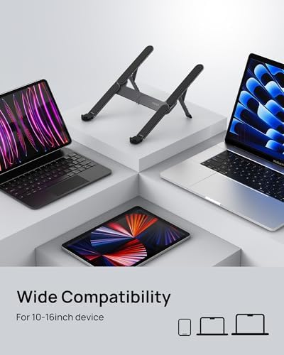 SODI Ultra Compact Foldable Laptop Stand - Portable Laptop Holder for Desk & Travel Use, Ergonomic Aluminum Computer Holder with Adjustable Height for MacBook, Tablet 10-16" (Dark Black, Bi-Fold)