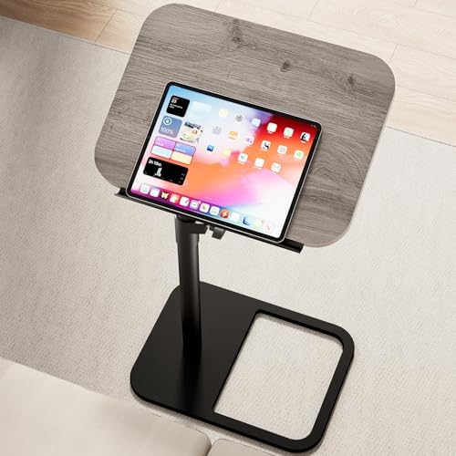 Height Adjustable Tv Trays Table for Sofa, Modern Angle Adjustable 360° Swivel and 180° Tilt Flip-Over Panel C Shaped Side Tables with Tablet Slots for Phone Computer (Grey)