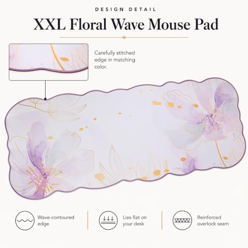 Scalloped Desk Mat 4-in-1 Set, XXL Large Wave Edge Mouse Pad with Gel Wrist Rest, Memory Foam Keyboard Wrist Rest & Coaster, Watercolor Floral Aesthetic Desk Pad for Women