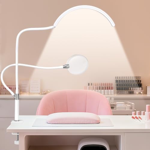 Half Moon Desk Lash Light with 4X Magnifier, 2-in-1 Dual Arm Gooseneck Clamp Lamp for Eyelash Extension, Shadow-Free Esthetician Light, Adjustable Color & Brightness for Tattoo, Sewing, Crafts