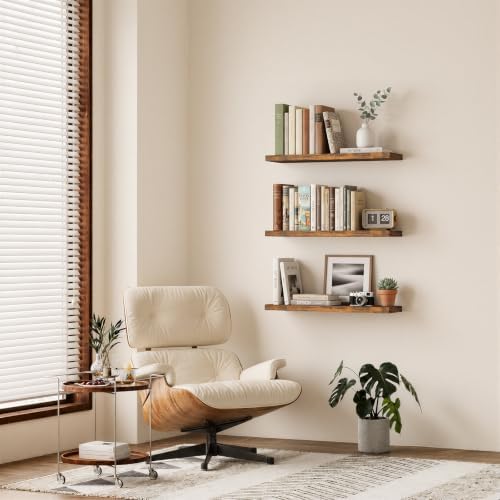 BAYKA Rustic Brown Floating Shelves 35.4in, Set of 3, Wall Mount Wood Shelf