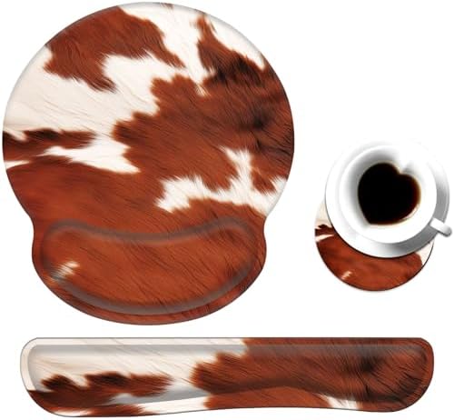 Keyboard Wrist Rest and Mouse Pad Wrist Support Set with Coaster,Comfortable for Easy Typing,Pain Relief,Memory Foam Keyboard Pad Set for Laptop Mac,Cowhide Farm Animal Skin Leopard Brown Cow