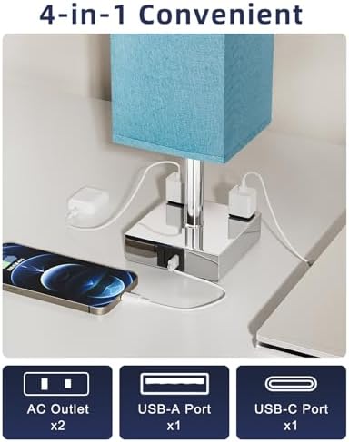 Turquoise Touch Table Lamp for Bedroom - Dimmable, USB C+A, 2 AC Outlets