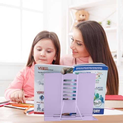 Honagu Book Stand Metal Desk Book Holder, Book Holders for Reading Hands Free, Adjustable Cookbook Documents Holder, Portable Bookstand for Music Books, Textbook, Recipe, Tablet, Ipad (Light Purple)