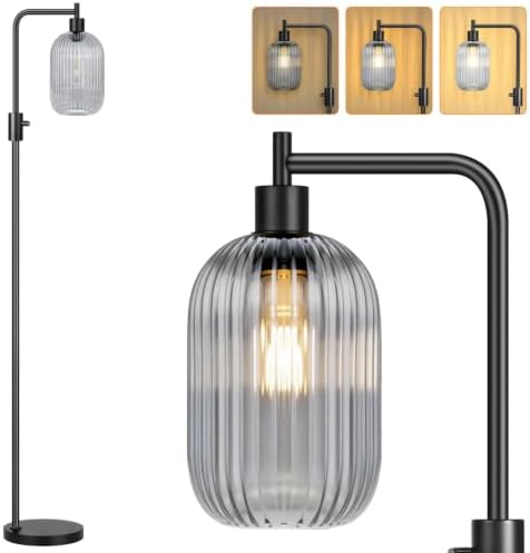 【Upgraded】 Dimmable Floor Lamp for Living Room with Gray Ribbed Glass Lampshade, Black Modern Floor Lamp with 900LM LED Bulb Included, Arc Standing Tall Lamp for Bedroom, Office, Reading Room, Corner