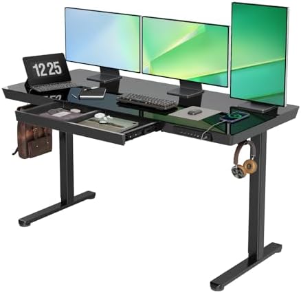 INNOVAR Glass Standing Desk with Drawers & USB Ports,55 inch Whole-Piece Glass Top Adjustable Height Desks, Quick-Install Electric Sit-Stand Up Desk for Home Office & Computer Workstation, Black
