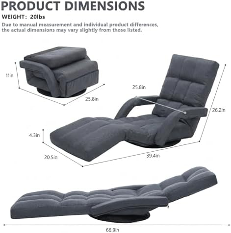 360° Swivel Floor Gaming Chair with Adjustable Footrest, 14-Position Folding Floor Lounger Sofa with Armrests, Reclining Floor Chair for Adults, Reading, Gaming & Relaxing (Grey)