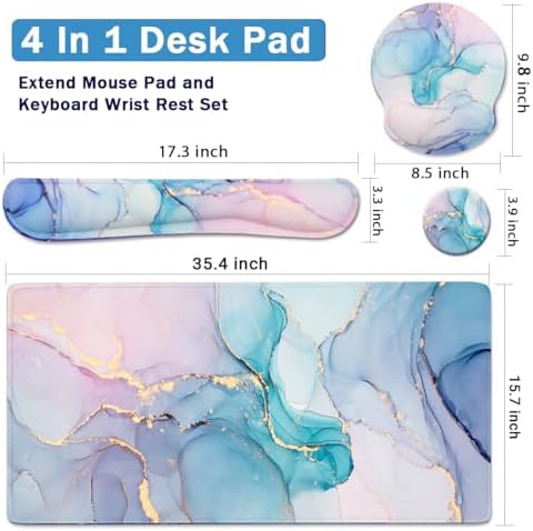4-in-1 Gaming Mouse Pad Wrist Support Set，Desk Pad + Mouse Pad with Wrist Rest + Keyboard Wrist Rest + Coaster, Ergonomic Design for Home Office Study Game - Blue Marble