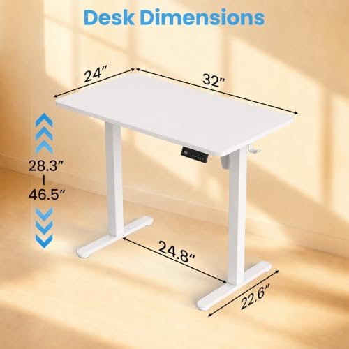 Electric Standing Desk, 32" x 24" Adjustable Height Sit Stand Desk, Small Space Workstation, Compact Computer Desk for Home Office, Stable Steel Frame (White)