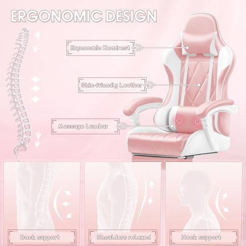 Shahoo Gaming Chair with Footrest and Massage Lumbar Support, Ergonomic Office Computer Seat Height Adjustable with Headrest, Pink