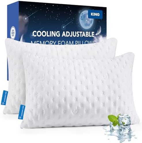 KUCEY Cooling Side Sleeper Pillow for Neck and Shoulder Pain, Luxury Shredded Memory Foam Curved Bed Pillows for Sleeping Set of 2- Adjustable King Size- Washable Cover Crescent White