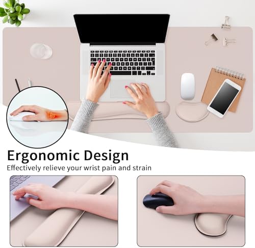 Mouse Pad and Keyboard Wrist Rest, Large Keyboard and Mouse Pad Set, Ergonomic Mousepad with Wrist Rest, Non-Slip Desk Mat Protector for Office, Home (35.4×15.7 Inches, Cream Pink)
