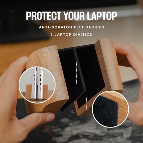 COREMINDED Adjustable Dual Vertical Laptop Stand for Desk, Wooden Laptop Holder, MacBook Pro Stand, Wood Mac Air Dock