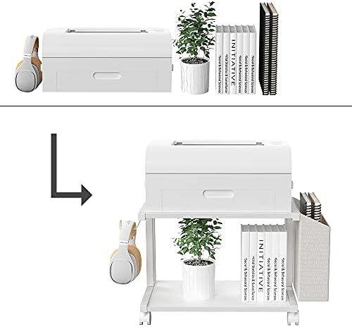 VEDECASA 2 Tier Modern White Wooden Under Desk Printer Stand with Storage Bag for Home Office Desktop Printer Table Organizer Mobile Printer Shelf Cart with Caster Wheel (White)
