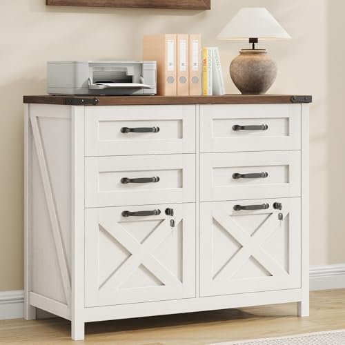 Halitaa Farmhouse Lateral File Cabinet with 6 Drawers, Rustic White
