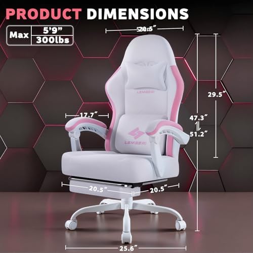 LEMBERI Gaming Chair, Fabric Big and Tall Video Game Chairs with Footrest, Massage Lumbar Support, Racing Style Ergonomic Computer Gamer Chair with Adjustable Headrest (Pink)