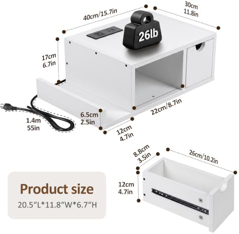 Afuly White Floating Nightstand, Bedside Table with Charging Station&Drawer